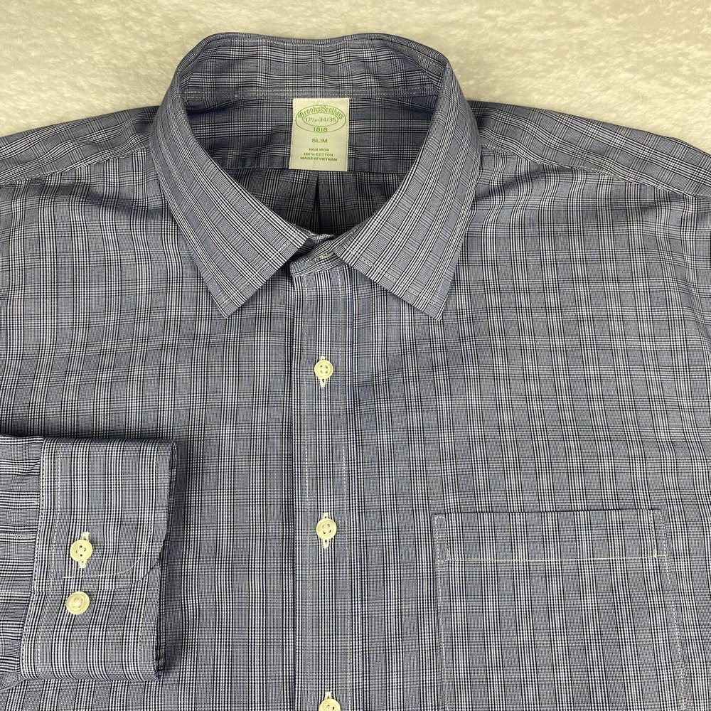 Brooks Brothers Dress Shirt Mens 17.5-34/35‎ Blue Plaid Slim Fit No Iron